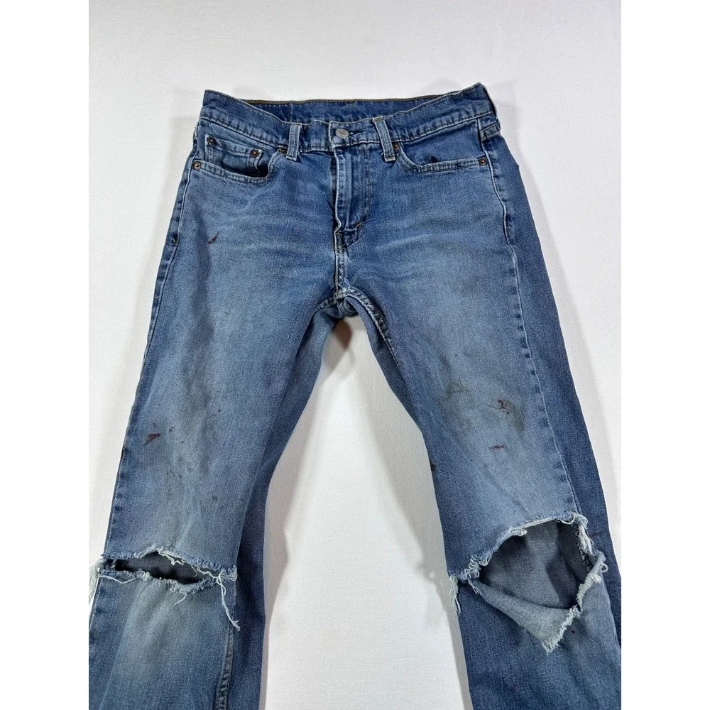 Levis 514 Straight Fit Distressed Blue Jeans 29x30 Splatter Paint Blown Out Knee